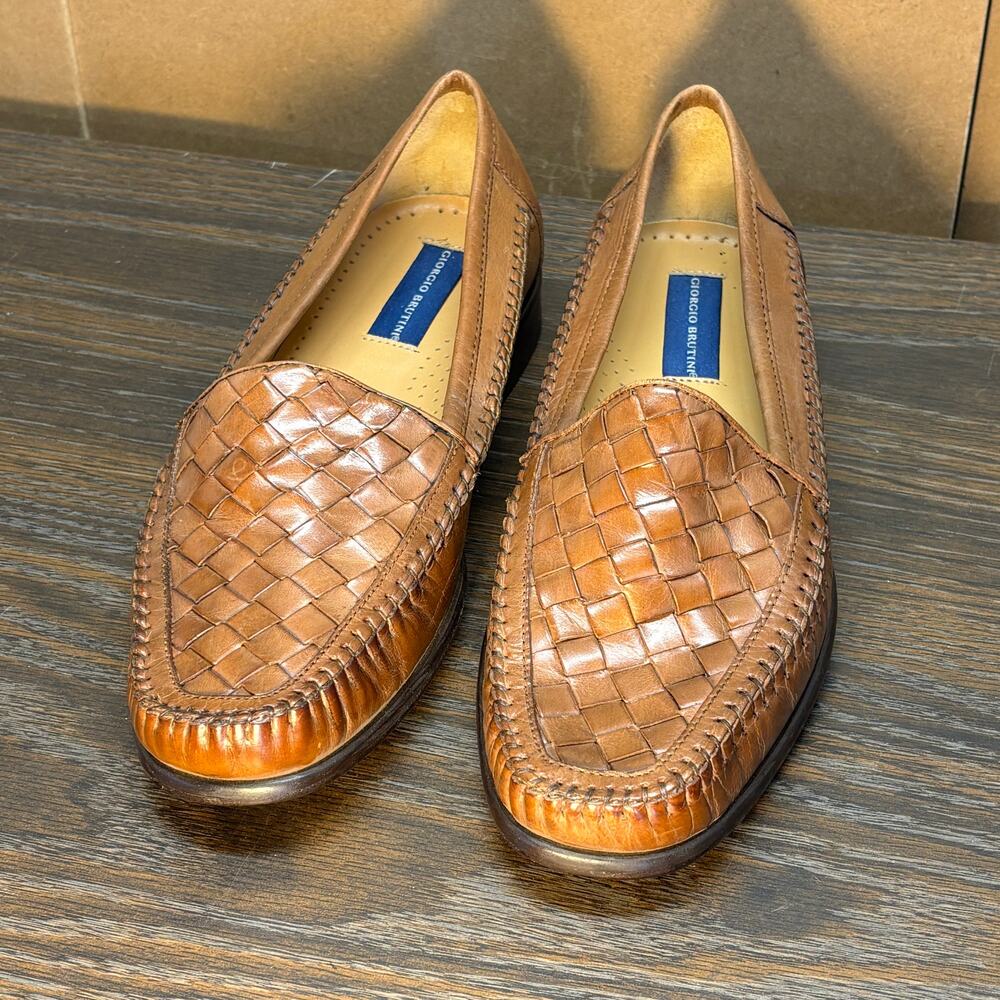 Giorgio Brutini Loafers Shoes Mens 10M Brown Basket Weave Leather Hand Crafted